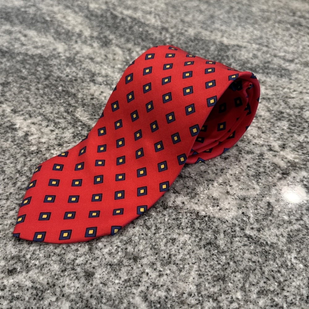 Brooks‎ Brothers Makers 100% Silk USA Made Tie Red Gold Navy Blue Diamond 57"